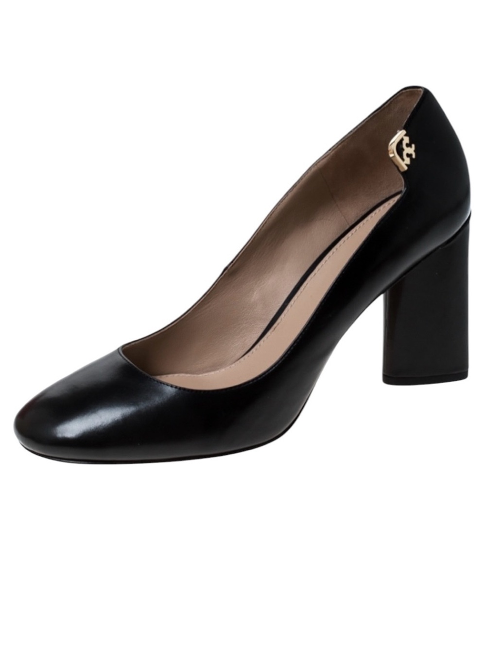 Tory Burch Black Leather Elizabeth 4” Block heel Pumps Size 9.5 Gold Tone Hw - Picture 3 of 10